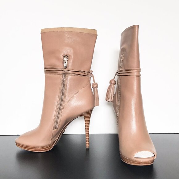 MICHAEL KORS Rosalie Dark Khaki Leather Open-Toe Mid-Calf Boot - Picture 1 of 14